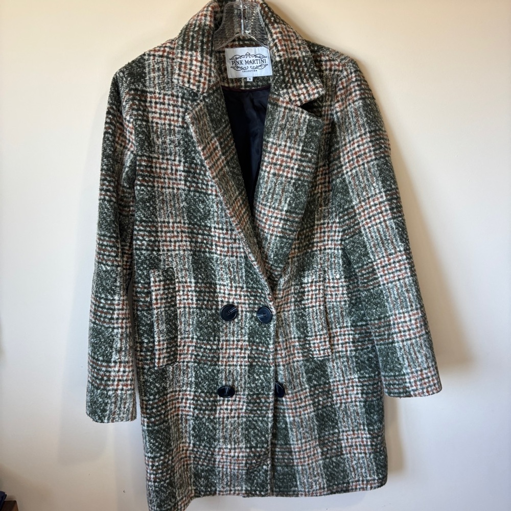 Pink Martini Green, White & Rust Pea Coat with Large Buttons light Academia